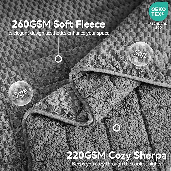 Weighted Blanket 15lbs for Adults, Queen Size Jacquard Sherpa Heavy Blanket for Calming and Relax, Dual Sided Ultra Soft Fuzzy Throw Blanket with Glass Beads, 60 x 80 inches, Dark Grey