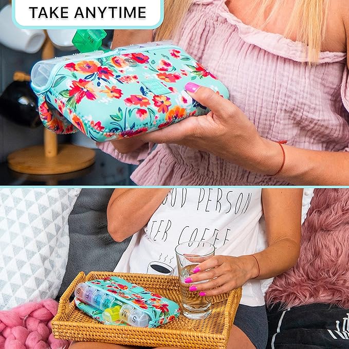 Made Easy Kit Pill Case Large 7-Day / 28 Compartments in Neoprene Carrier with Storage Pill Box in Daily in Morn, NOON, EVE, Bed a Weekly Vitamin, Medicine, Capsule Organization (Teal Floral)