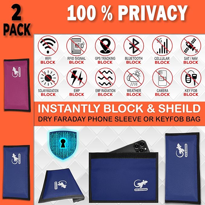 Faraday Bag Anti-Tracking GPS RFID Car Key Signal Blocker Wallet Shielding Pouch Protective Case for Cell Phone Car Key FOB, Data Privacy, Electronic Device Security (2 PACK - BLUE AND PINK)