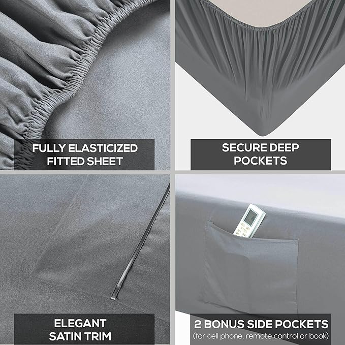 Mueller Luxury 6 Piece Queen Sheet Set - Ultra-Soft 1800 Series, Cooling & Breathable Hotel Quality Bed Sheets, Deep Pocket up to 16" - Hypoallergenic, Wrinkle-Resistant, Oeko-TEX, Light Gray