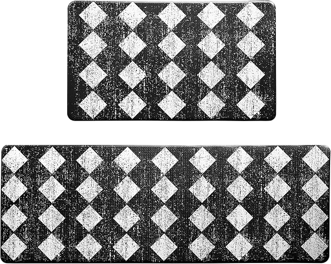 Black Moroccan Trellis Checkered Kitchen Rug Sets [2 PCs], Anti-Fatigue, Waterproof Non-Slip Kitchen Mats Heavy Duty Ergonomic Comfort Foam Rug for Floor, Home, Laundry,17"x29"+17"x47"
