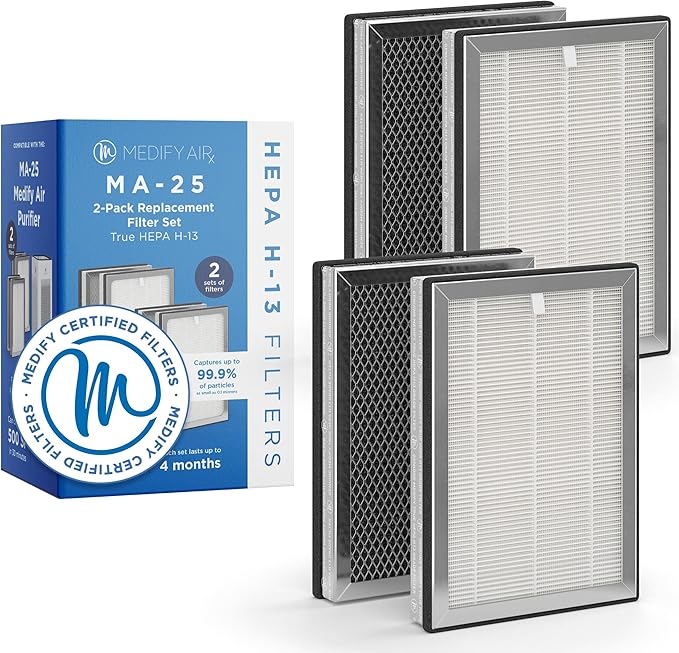 Medify MA-25 Genuine Replacement Filter Set for Allergens, Smoke, Wildfires, Dust, Odors, Pollen, Pet Dander | 3 in 1 with Pre-filter, True HEPA H13 and Activated Carbon for 99.9% Removal | 2-Pack
