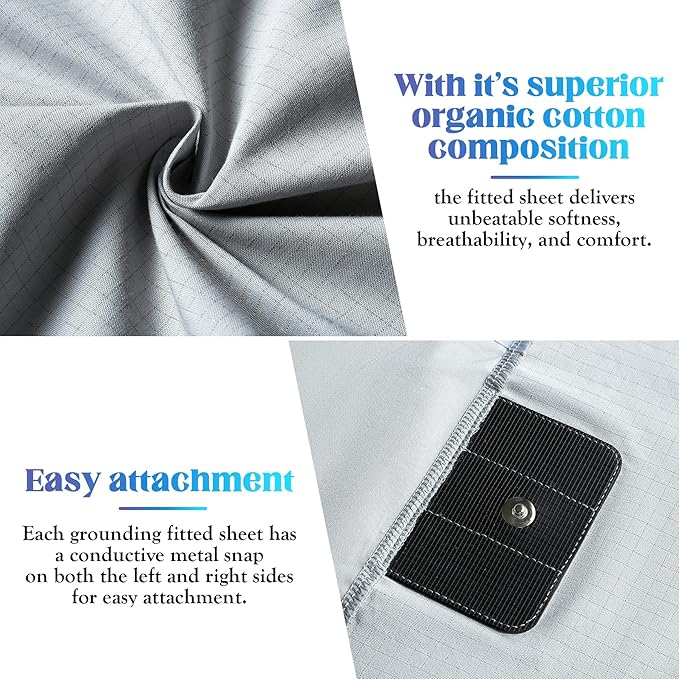 Calmbee Grounding Sheets Queen Size, 10% Pure Silver Fiber + 90% Organic Cotton, Grounding Sheet Earth Connected Bedding (Queen - 60"x 80"x 13" Gray) Fitted Earth Sheets with Grounding Cord