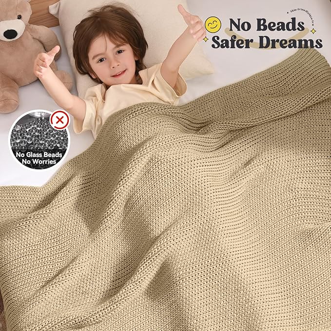 Guohaoi Knitted Weighted Blanket Kids (Beige 36"x48" 3lbs) No Beads Cooling Heavy Blanket, Home Decor Breathable Chunky Knit Throw Blanket for All-Season Use