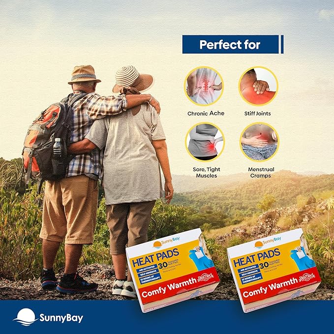 SunnyBay Adhesive Heat Patches for Neck, Knee, and Upper or Lower Back, Air-Activated Heat Pads for Menstrual Cramps, Stiffness, Sprains, and More, Stick to Clothing, 5x3 inches, 60 Count