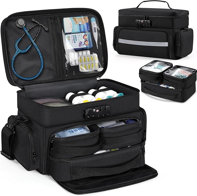 Zannaki Medicine Bag with 3 Removable Pouches, First Aid Bags Empty with Combination Lock, Double Layers Pill Bottle Organizer with Shoulder Strap, Large Medication Travel Storage for Medical Supplies