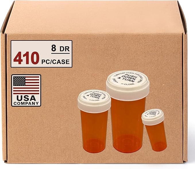 8 Dram Push Down and Turn Vials for Pharmacy 410 Pcs Empty Pill Bottles with Reversible Caps, Mini Pill Organizer Containers Child-Resistant Small Travel Pill Dispenser for Bulk Use