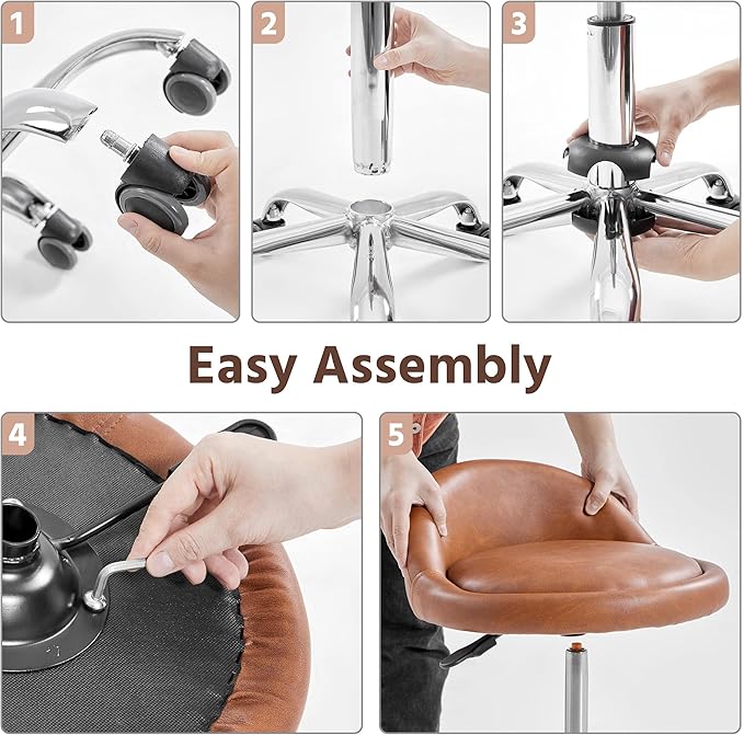 Yaheetech Rolling Stool Adjustable Swivel Stools Chair with Wheels & Back Support Round Tattoo PU Leather Salon Stools for Massage Spa, Retro Brown