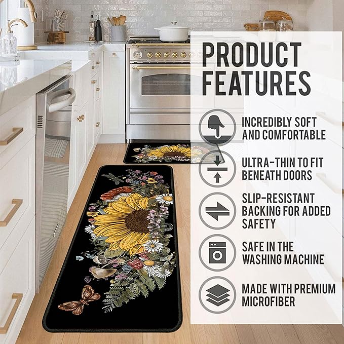 Sunflower Kitchen Rugs 2 Piece Set for Floor Mat, Non Skid Washable Absorbent Microfiber Sunflower Kitchen Mat for in Front of Sink for Standing for Home Sunflower Kitchen Decor 17"X30"+17"X47"