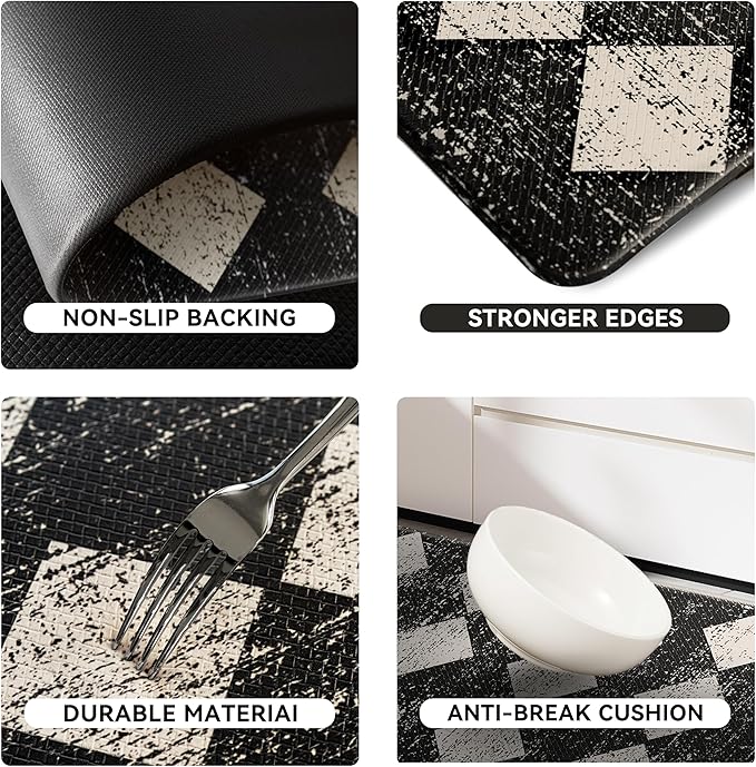 Black Beige Moroccan Trellis Checkered Kitchen Rug Sets [2 PCs], Anti-Fatigue, Waterproof Non-Slip Kitchen Mats Heavy Duty Ergonomic Comfort Foam Rug for Floor, Home, Laundry,17"x29"+17"x47"