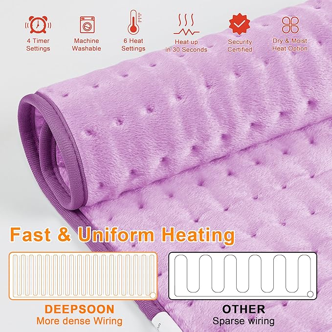 Deepsoon Heating Pad,Electric Heating Pads for Back,Neck,Abdomen,Moist Heating Pad for Shoulder,Knee,Arms,Legs,Dry/Moist Heat & Auto Shut Off,Christmas Gifts for Men and Women,Light Purple,24x12 Inch