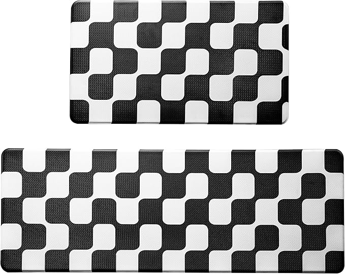 Black Retro Curvy Checkered Grid Checkerboard Kitchen Rug Sets [2 PCs], Anti-Fatigue, Waterproof Non-Slip Kitchen Mats Heavy Duty Ergonomic Comfort Foam Rug for Floor, Home, Laundry,17"x29"+17"x47"
