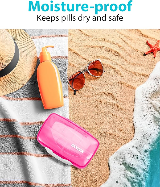 Travel Pill Organizer - Airtight Medicine Case for Traveling Portable Pharmacy Box with Labels Vitamin Container 8 Compartment Supplement Medication Holder Large Capacity Daily (Pink)