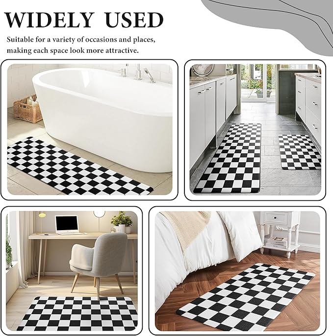Checkered Grid BlackCheckerboard Kitchen Rug, Anti-Fatigue, Waterproof Non-Slip Kitchen Mat Heavy Duty Ergonomic Comfort Foam Rug for Floor, Home, Laundry,17.3"x29"