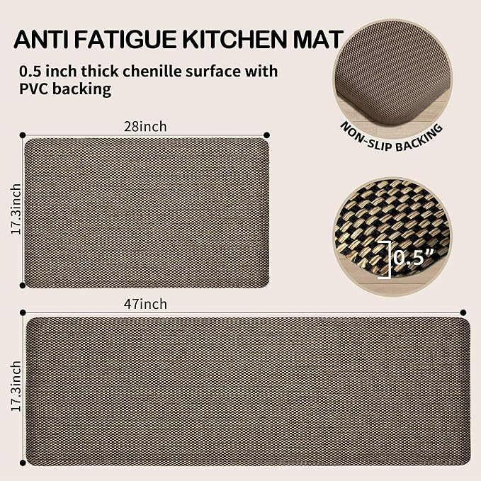 Kitchen Mats 2PCS Cushioned Anti-Fatigue Kitchen Mats for Floor Non Slip Kitchen Rugs Absorbent Memory Foam Comfort Standing Mat for Front of Sink, Office, Laundry(Black, 17.3"x28"+17.3"x47")