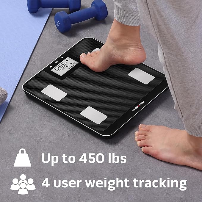 Health o meter Digital Body Composition Scale – BMI, Body Fat & Water Mass Measurement, Multi-User Tracking, 450 lb Capacity, Step-On Carbon Fiber Platform, Backlit Display, 3 AAA Batteries Included