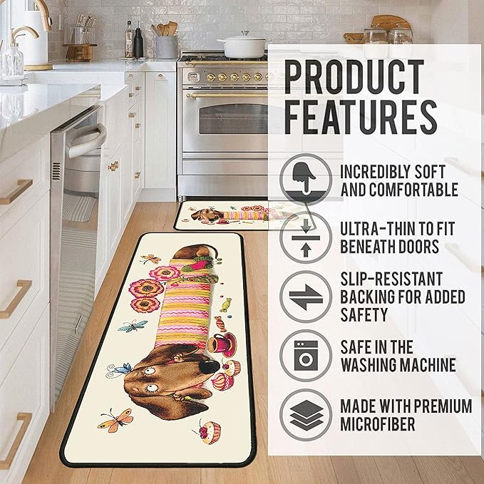 Dachshund Kitchen Rugs 2 Piece Set for Dog Floor Mat, Non Skid Washable Absorbent Microfiber Dachshund Kitchen Mat for in Front of Sink for Standing for Home Dog Kitchen Decor 17"X30"+17"X47"