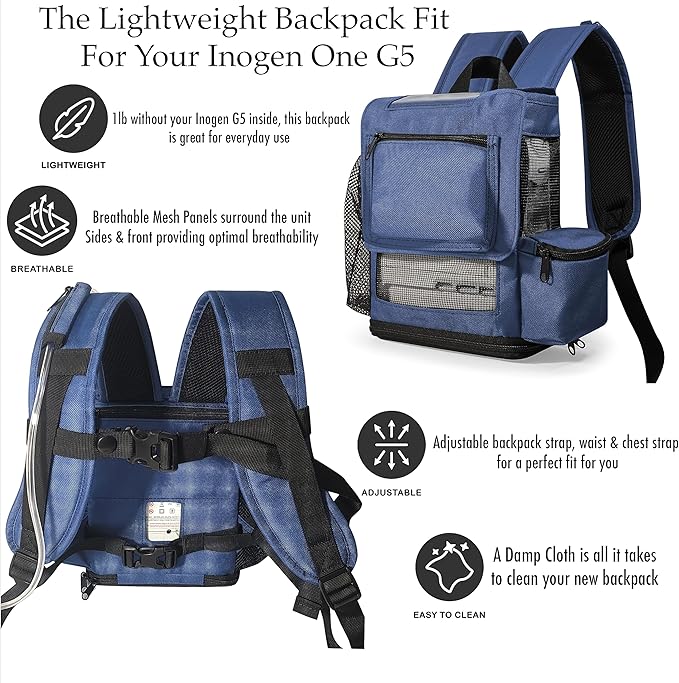 O2TOTES Premium Backpack – Fits Inogen One G5 & Inogen Rove 6, Lightweight with Padded Straps & Zippered Bottom