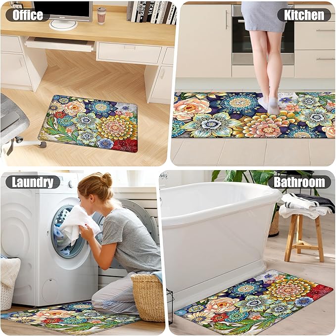 Floral Kitchen Runner Rug Mat for Floor Boho Cushioned Anti-Fatigue Mat Non-Slip Standing Desk Waterproof Comfort Floor Mat for Sink, Office, Laundry, 17.3x47 Inch