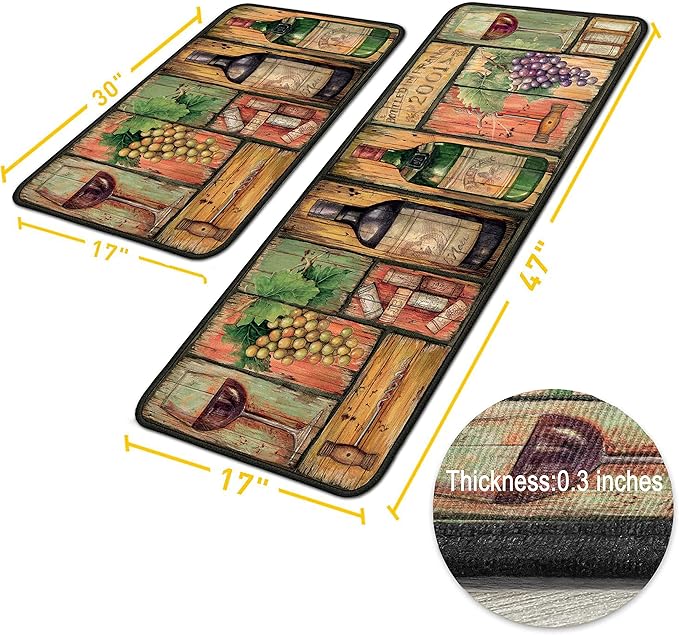 Wine Kitchen Rugs 2 Piece Set for Floor Mat, Non Skid Washable Absorbent Microfiber Wine Kitchen Mat for in Front of Sink for Standing for Home Wine Kitchen Decor 17"X30"+17"X47"