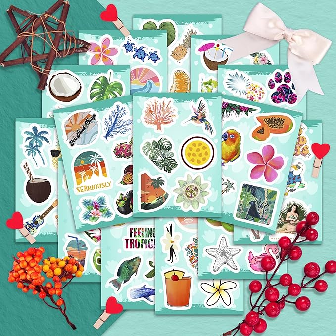 BulbaCraft Tropical Stickers, Beach Stickers for Water Bottle - Tropical Party suppliess & Decorations, Waterproof Vinyl Hawaiian Decals, Aloha Decals, Gifts for Women & Men