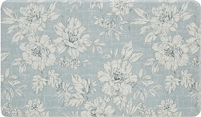 Laura Ashley - Anti-Fatigue Kitchen Mat, Iris Floral Design, Stain, Water & Fade Resistant, Cooking & Standing Relief, Non-Slip Backing, Measures 17.5" x 32", Light Blue Iris