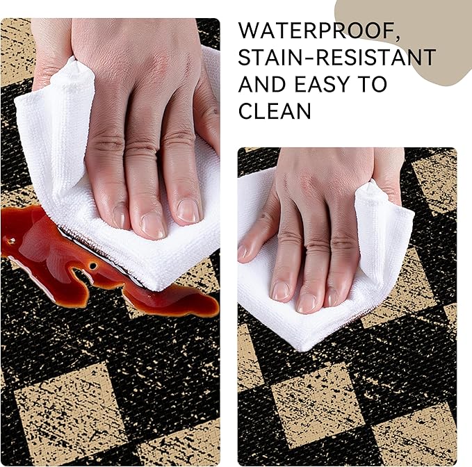 Black Brown Moroccan Trellis Checkered Kitchen Rug Sets [2 PCs], Anti-Fatigue, Waterproof Non-Slip Kitchen Mats Heavy Duty Ergonomic Comfort Foam Rug for Floor, Home, Laundry,17"x29"+17"x47"