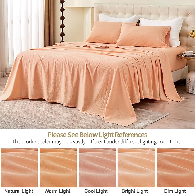 Simple&Opulence Belgian Linen Sheet Set Solid Color - 4 Pieces (1 Flat Sheet & 1 Fitted Sheet & 2 Pillowcases) Natural Flax Cotton Blend Soft Bedding Breathable Farmhouse - Peach, King Size