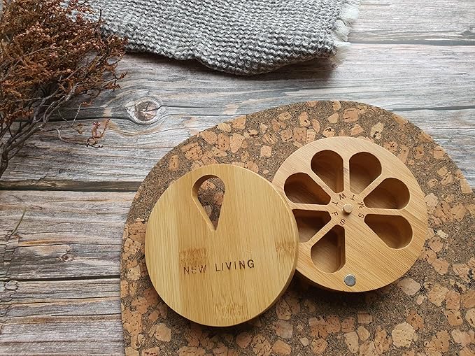 New Living Pill Organizer, Bamboo Box, 1 Compartment, Revolving Magnetic Top, Eco Product