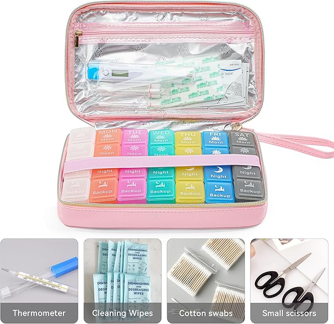 Restree Monthly Pill Organizer 28-Compartment Pill Case, 4 Times Daily Medication Container, Travel-Friendly Pill Box for Vitamins Supplements (Pink)