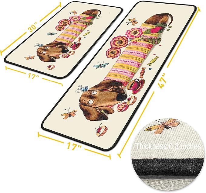 Dachshund Kitchen Rugs 2 Piece Set for Dog Floor Mat, Non Skid Washable Absorbent Microfiber Dachshund Kitchen Mat for in Front of Sink for Standing for Home Dog Kitchen Decor 17"X30"+17"X47"