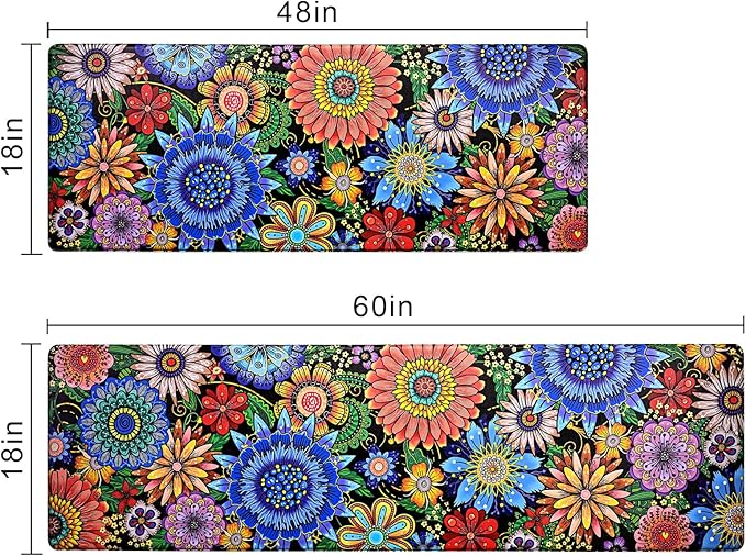 Likiyol Boho Kitchen Rugs, Boho Floral Anti Fatigue Kitchen Mat for Floor, Bohemian Flowers Non Slip Washable Kitchen Floor Mats, Comfort Standing Mat, 18'' x 48'' + 18'' x 60''