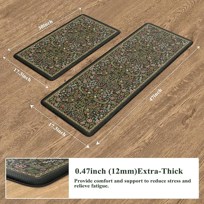 Collive Anti Fatigue Kitchen Mats, Spring Green Floral Kitchen Rugs Sets of 2 Non Slip Waterproof Standing Mat, Vintage Comfort Desk Rug for Office, Sink, Laundry, 17.3"x29"+17.3"x47"