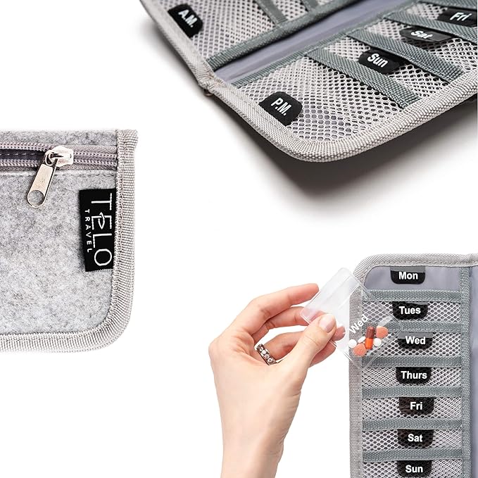 AM/PM Bi-Folding Pill Organizer + Supplement Case for OTC Medicine, Prescription + Vitamins - 14 Labeled Monday-Sunday Slide Lock Pouches, Grey Travel Pill Case
