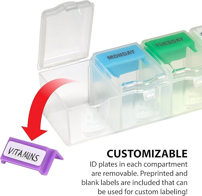 EZY DOSE Weekly (7-Day) Pill Planner, Medicine Case, Vitamin Organizer Box, 2X-Large Push N' Pop Open Compartments, BPA-Free, Rainbow/Clear Design