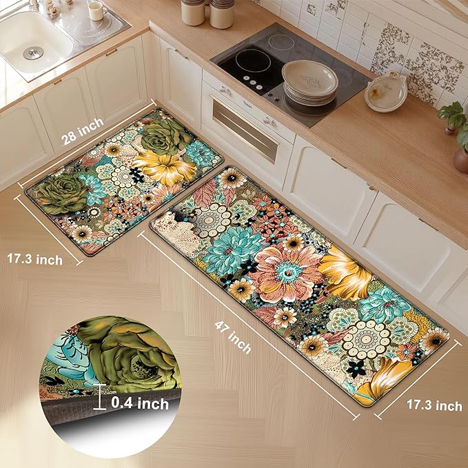 Kitchen Mats for Floor Cushioned Anti Fatigue Sets of 2 Boho Floral Kitchen Rugs Non Slip Waterproof Memory Foam Kitchen Floor Mats Padded Comfort Standing Mat Rug for Sink Laundry Office