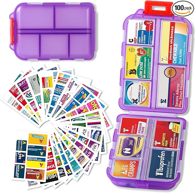 Pill Organizer with Medicine Labels Travel Daily Pill Container Mini Medication Organizer Storage Pill Organizer Travel Essentials Pill Case 7 Day (Purple& 161 Lables)