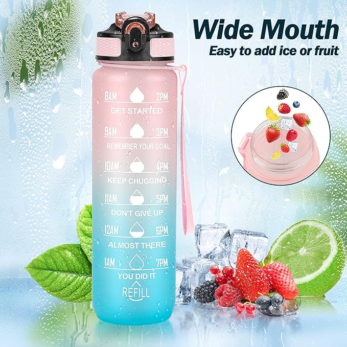 Motivational Water Bottle with Time Marker - 32oz, Leak-proof BPA Free Sports Water Bottles with Straw & Carrying Strap