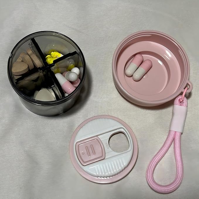 Pink Pill Box for Women Purse, Small Pill Box, Travel Pill Organizer, 4 compartments for Pill Bottles, fits in Pocket, Handbag Pill Organizer, Travel Pill case (Pink)