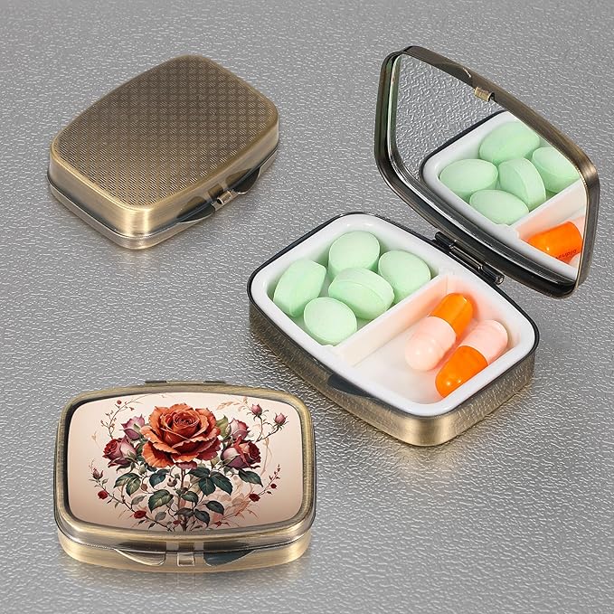 Dynippy Pill Case Pill Box with Mirror Retro Pocket 2 Compartment Medicine Case Vitamin Pill Organizer for Pocket Purse and Travel (Flower 21)