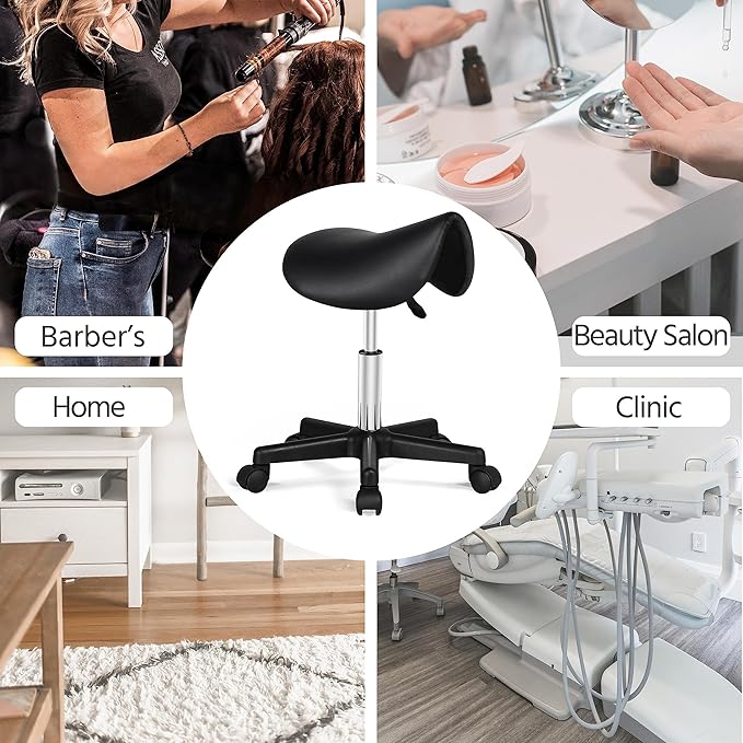 Yaheetech Saddle Stool Rolling Saddle Chair with Wheels Swivel Adjustable Stools for Hair Stylist/Lash Tech PU Leather Tattoo Massage Chair, Black