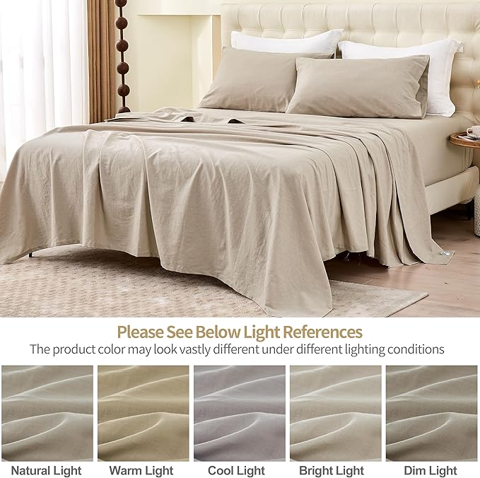 Simple&Opulence Belgian Linen Sheet Set Solid Color - 4 Pieces (1 Flat Sheet & 1 Fitted Sheet & 2 Pillowcases) Natural Flax Cotton Blend Soft Bedding Breathable Farmhouse - Khaki, Queen Size