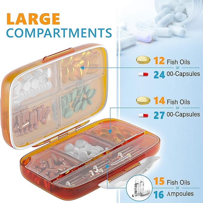 Travel Pill Organizer Medicine Dispenser - Moisture-Proof Pill Boxes and Organizer - Portable Vitamin Container Holder - 8 Large Compartments for Medication and Supplements