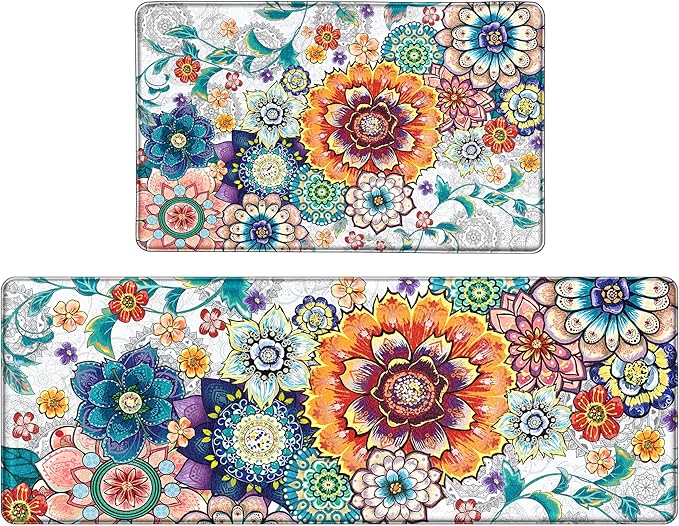 Floral Kitchen Rugs Mats for Floor 2 Piece Flowers Anti Fatigue Kitchen Mats Non Slip Cushioned Comfort Standing Mat for Sink, Office, Laundry, 17.3x28+17.3x47 Inch