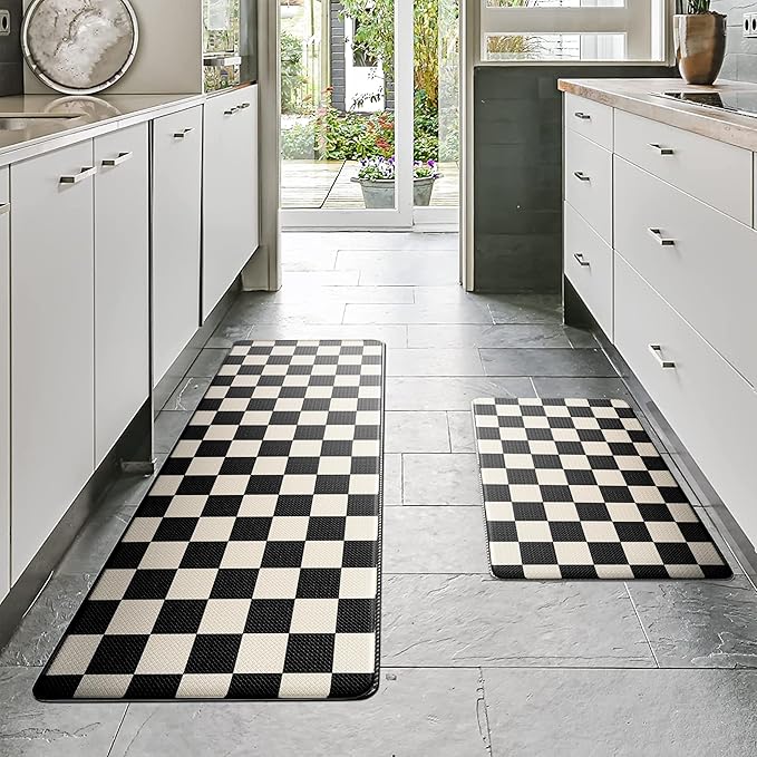 Beige Black Checkered Grid Checkerboard Kitchen Rug Sets [2 PCs], Anti-Fatigue, Waterproof Non-Slip Kitchen Mats Heavy Duty Comfort Foam Rug for Kitchen, Floor, Laundry,17"x29"+17"x47"