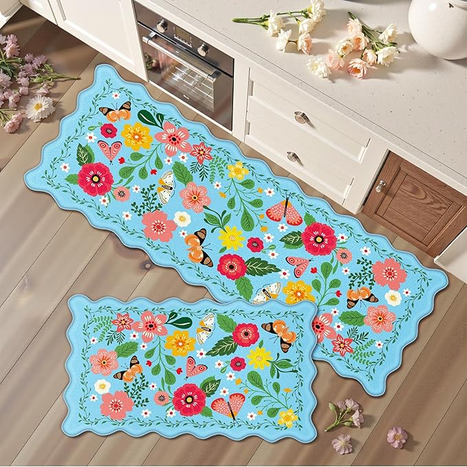 Scalloped Blue Kitchen Mats for Floor 2PC Cushioned Anti Fatigue Kitchen Mats Rugs Waterproof Non Slip Farmhouse Boho Floral Comfort Foam Standing Mat for Sink Laundry