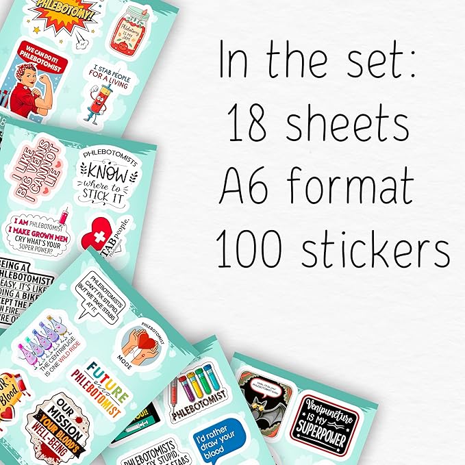 100Pcs Phlebotomy Stickers for Water Bottle, Laptop - Funny Phlebotomy Gifts for Phlebotomist - Phlebotomist Party Supplies & Decorations for Lab Week - Gift for Women & Men