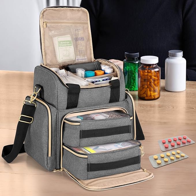 LUXJA Large Medicine Bag with 2 Removable Cases, Medicine Storage Bag with Multiple Storage Sections (Suitable for Travel or Home), Gray