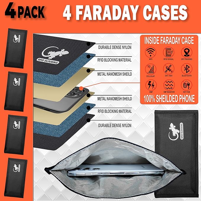 Faraday Bag Anti-Tracking GPS RFID Car Key Signal Blocker Wallet Shielding Pouch Protective Case for Cell Phone Car Key FOB, Data Privacy, Electronic Device Security (4 PACK - BLACK)