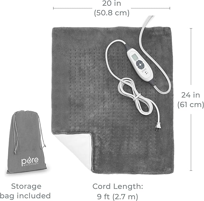 Pure Enrichment PureRelief Ultra-Wide Microplush Heating Pad - 20” x 24” XXL Size & 6 Heat Settings for Temporary Neck, Shoulder & Back Pain Relief - Moist Heat Option & Machine Washable (Gray)